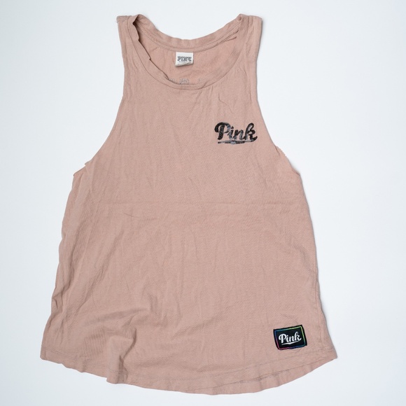 size S - PINK Dusty Pink Sequins Logo Scoop Neck Sleeveless Muscle Tank Top - Picture 1 of 3